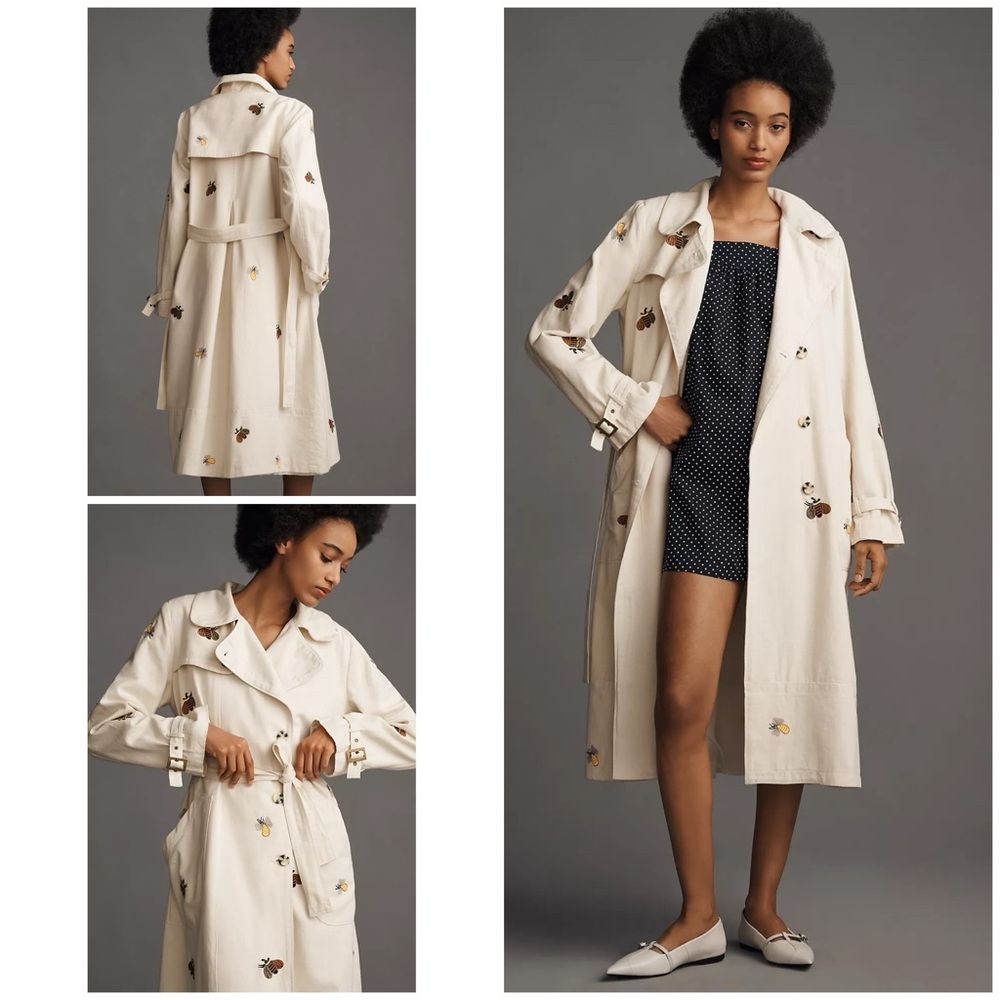 NWT Anthropologie Maeve Bees Bee Bumble Honey Bees Embroidered Trench Coat XS